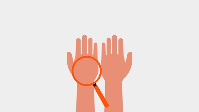 Animation showing a magnifying glass revealing red purple and green germs or virus on hand and skin.