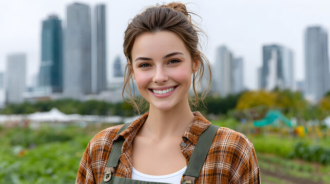 Eco conscious young woman urban farm garden city skyline smile, holding fresh vegetable basket green community plot with modern building background, sustainable lifestyle and healthy food concept