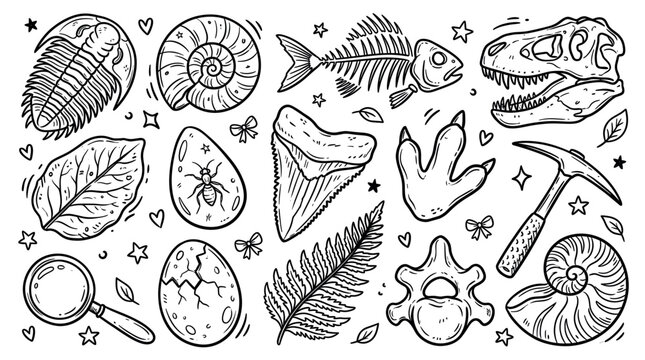 Various hand-drawn black and white dinosaur and fossil elements are scattered across a clean white background, creating a playful paleontological pattern