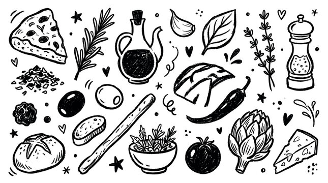 Various hand-drawn black and white Italian food ingredients and kitchen items are scattered across a clean white background, creating a rustic culinary pattern