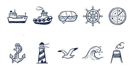 Fototapeta premium Collection of hand-drawn nautical themed icons including ships, a boat, a lighthouse, and a steering wheel, isolated on a white background