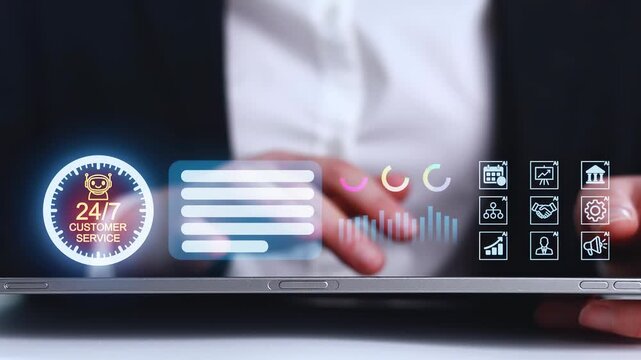 Technology enables 24/7 customer service through digital tools and data analysis in a business setting.