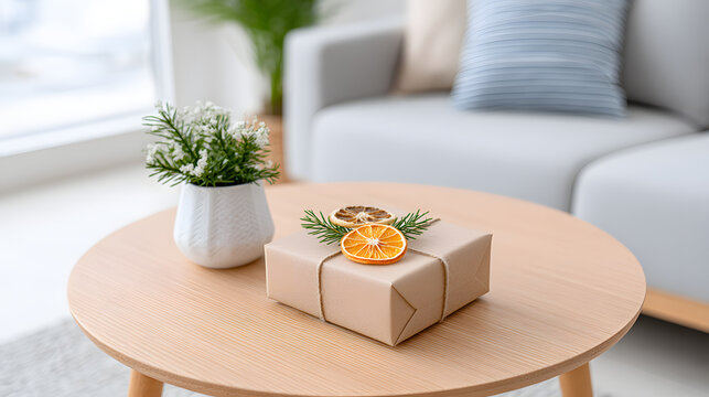 Minimalist eco gift wrapping brown paper dried orange decoration table living room, natural style packaging with twine and greenery creating calm holiday mood and sustainable lifestyle aesthetic