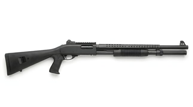 Modern black tactical pump action shotgun isolated on white studio backdrop.