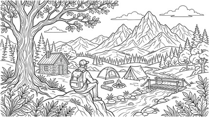 Fototapeta premium Man camping in mountains with tent, campfire, cabin, river, and trees.