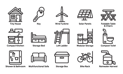Tiny house lifestyle icons set with compact furniture solar panels and eco gadgets. © MdShohidul