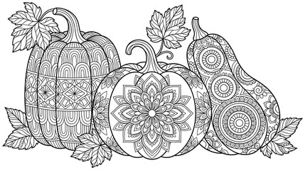 Decorative pumpkins with intricate mandala patterns for autumn coloring.