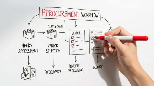Procurement workflow diagram being drawn by a hand with a red pen on a whiteboard. The diagram illustrates the process of procurement, from needs assessment to delivery.