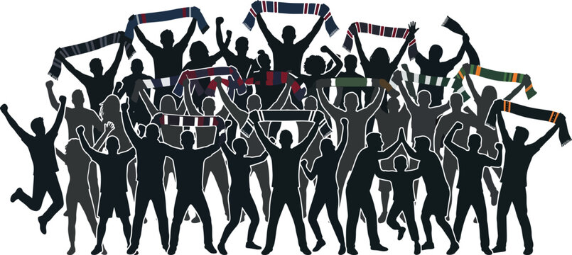 cheering sports fans silhouette crowd holding scarves in stadium celebration vector style