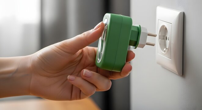 Person plugging green electrical adapter into wall outlet in bright room.