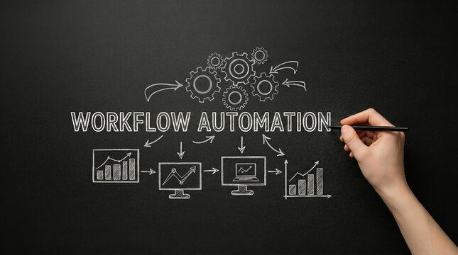 Workflow automation concept illustrated on a chalkboard with gears, charts, and a hand drawing the diagram. It shows a process from start to finish, with arrows indicating flow