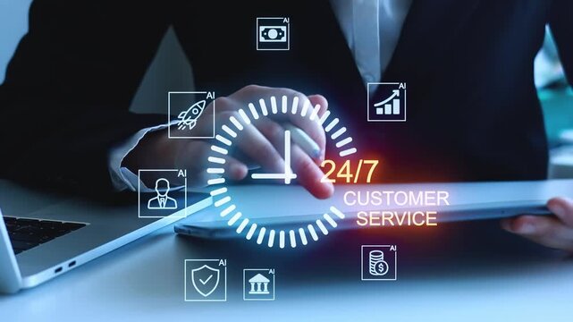 Business person using digital tools for customer service during working hours with a focus on technology and support services.