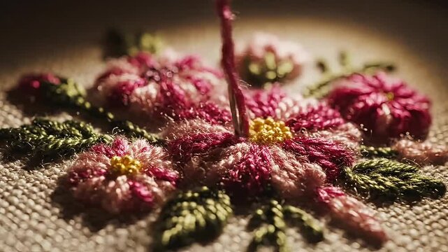 Threading a needle with red thread on fabric