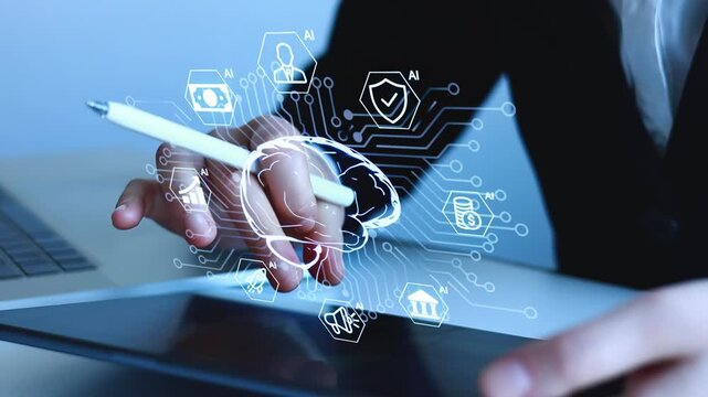 Showcasing a person using a tablet and interacting with digital elements related to technology and artificial intelligence in an office setting.