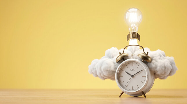 Glowing lightbulb launching like a rocket from a white alarm clock with clouds on yellow background.