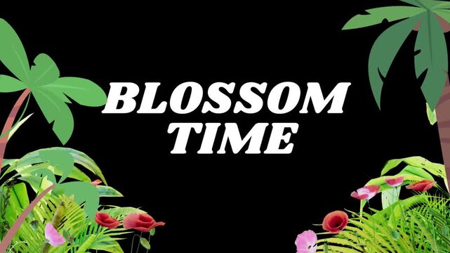 Tropical jungle foliage with blossom text on black background