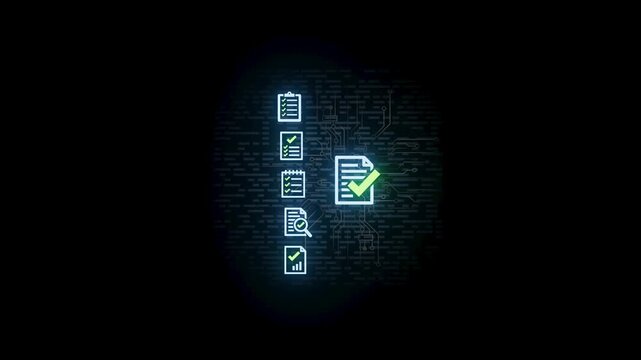 Digital representation of tasks and checklists with green check marks on a black background showing technology integration.