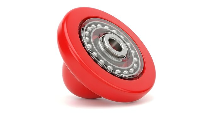 Red caster wheel with ball bearings and metal center on white background.