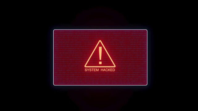 Warning sign shows system hacked alert in red on black background with digital code pattern at night.