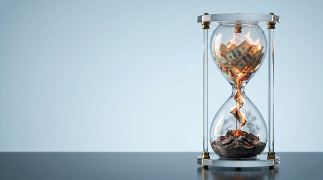 Hourglass with burning US dollar bills turning into ashes, representing time is money and financial loss concept.