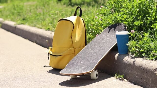 Yellow backpack, skateboard and coffee near the curb on a background of green grass. Concept of active lifestyle, youth recreation and summer vacation. Morning in the city, skateboard and coffee