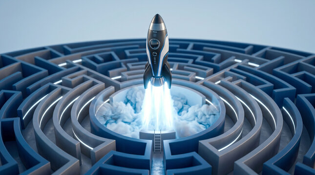 Futuristic rocket launching from the center of a complex blue circular maze, business breakthrough and success concept.