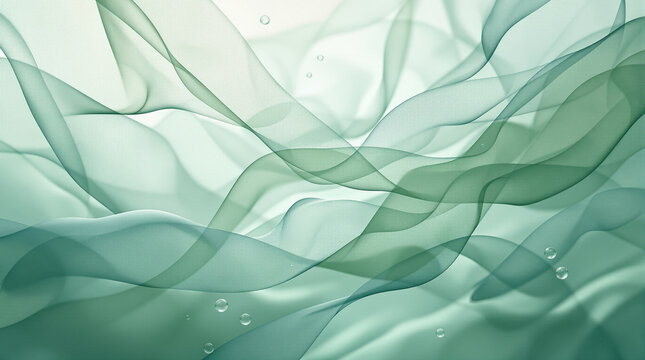 Ethereal soft focus background of overlapping sheer silk veils in sage green with floating delicate bubbles