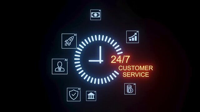 24/7 customer service symbol with clock and icons for support, finance, and communication.