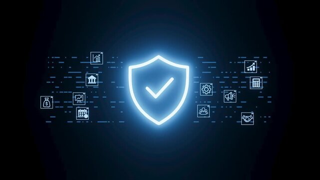 Security shield with checkmark surrounded by digital icons in a technology setting during the evening hours.