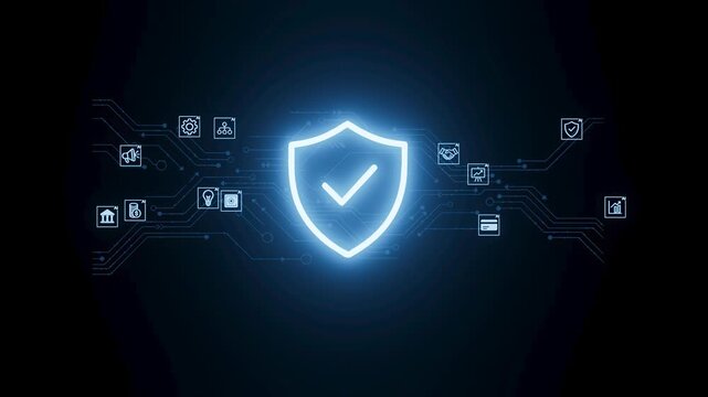 Digital security with a shield symbol and icons representing technology and protection in a dark background.