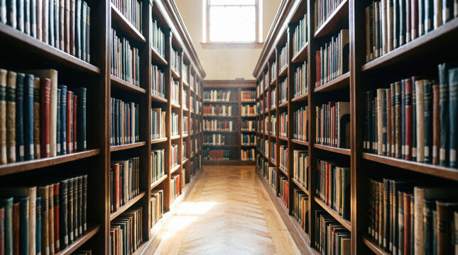 A long corridor with wooden bookshelves filled with books in a library setting