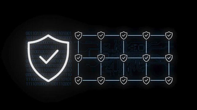Network security graphic shows shield symbols connected by lines with binary code background.