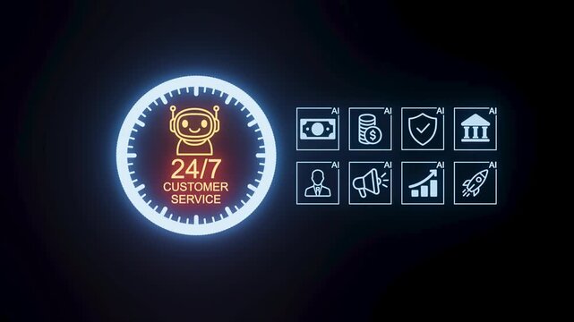 Customer service icon with clock showing 24/7 service and various AI symbols displayed on a dark background.