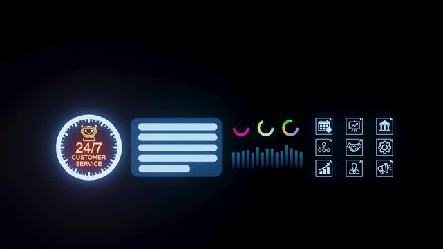 Customer service display with 24/7 availability shown on a digital screen at night.