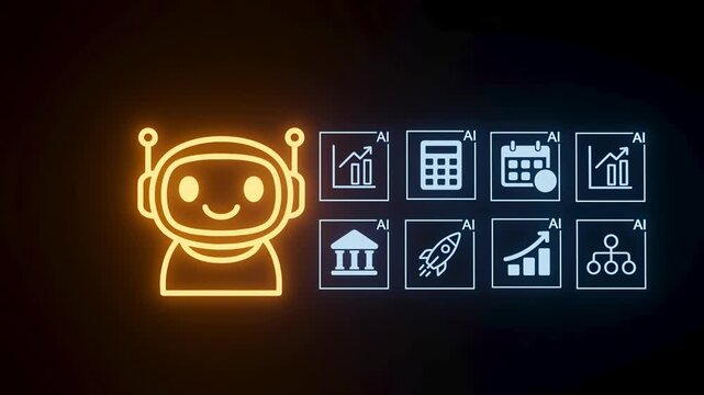 Robot character with different artificial intelligence icons showing various functions and tasks in a colorful setting.