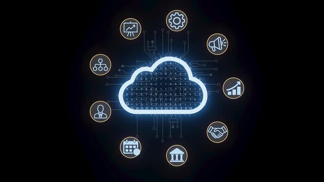 Cloud computing technology connections shown through a central cloud symbol surrounded by icons of different applications and services.