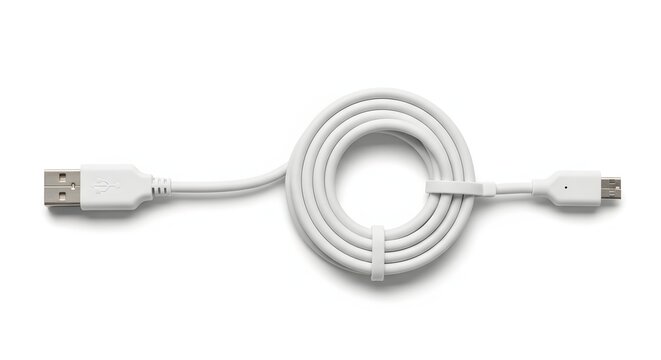 White usb charging cable coiled neatly with tie on bright background.