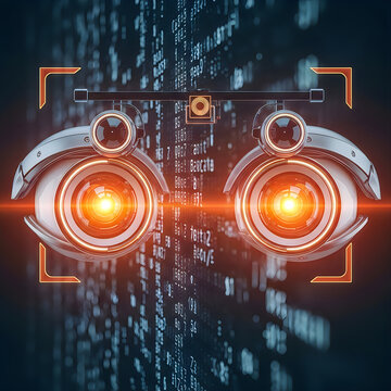 High tech surveillance camera lenses monitoring digital data stream represented by glowing binary code background for advanced security and privacy concepts