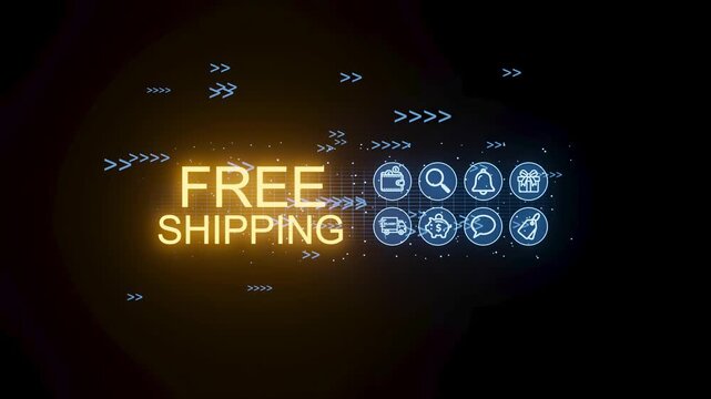 Free shipping offer with icons and graphics showing different shipping services and benefits during online shopping.