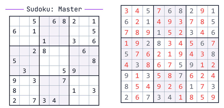 Sudoku puzzle grid with master level challenge and completed solution  
