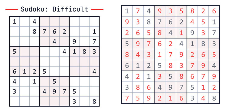 Sudoku puzzle with difficult level grid and completed solution  