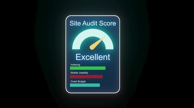 Website audit score shows excellent indexing and mobile usability with a focus on crawl budget for better performance.