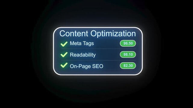 Content optimization scores showing meta tags, readability, and on-page SEO results in a digital format.