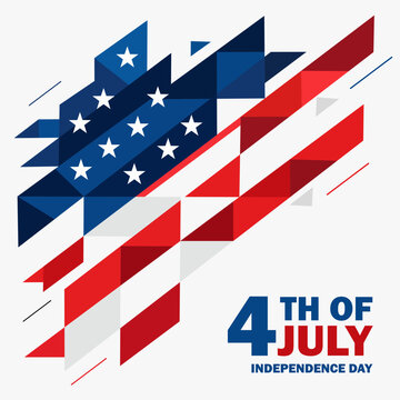 geometric 4th of July independence day USA illustration featuring stylized American flag elements with bold red and blue diagonal shapes. Vector Illustration.