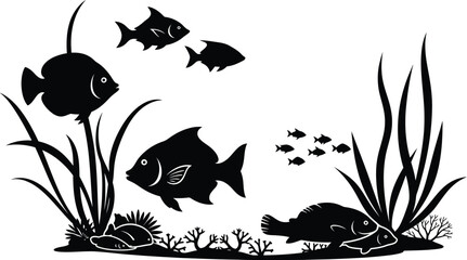 Black Fish Swimming in Ocean with Seaweed and Coral Reef © Jawad