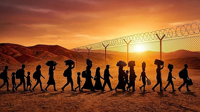 Silhouetted refugees, families and children, trek across a desolate desert at sunset, approaching a barbed wire border fence, seeking a new life
