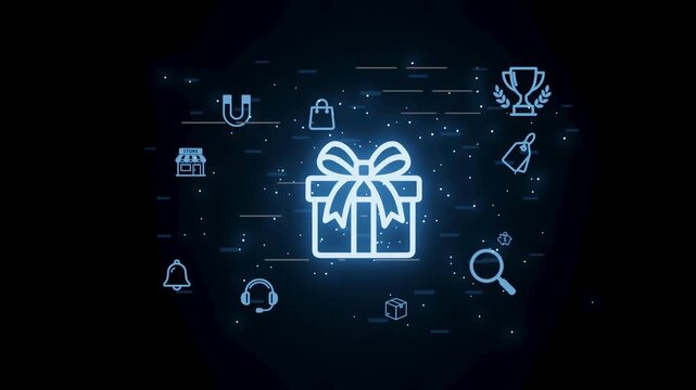 Gift box icon with digital symbols in a dark background representing online shopping and rewards during festive season.