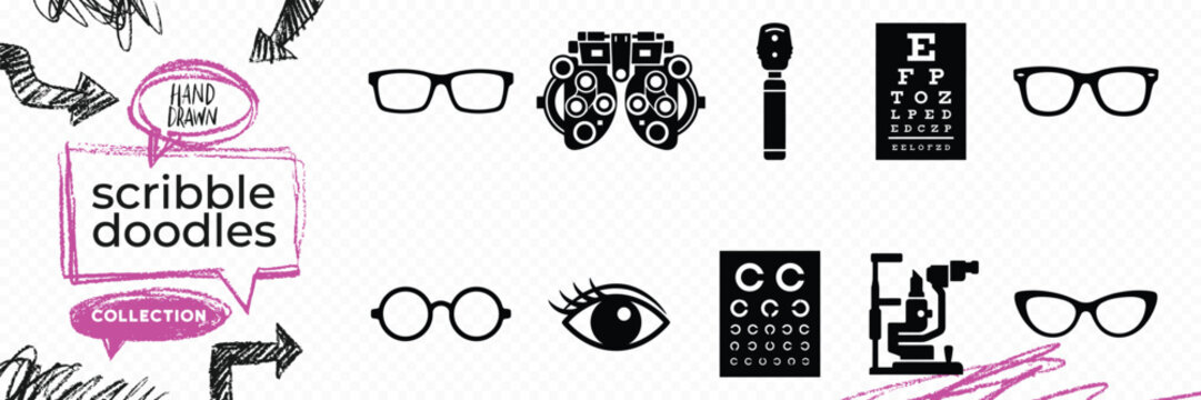 Black solid silhouette doodle vector set of optometry eye care glasses and vision examination elements