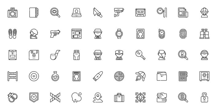 Private detective icon set. Detective investigation icons pack. Minimal line design. Includes camera, notebook, fingerprint, handcuffs, badge, crime scene and more.