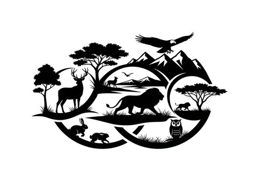 Wildlife Silhouette Landscape with Mountains and Trees